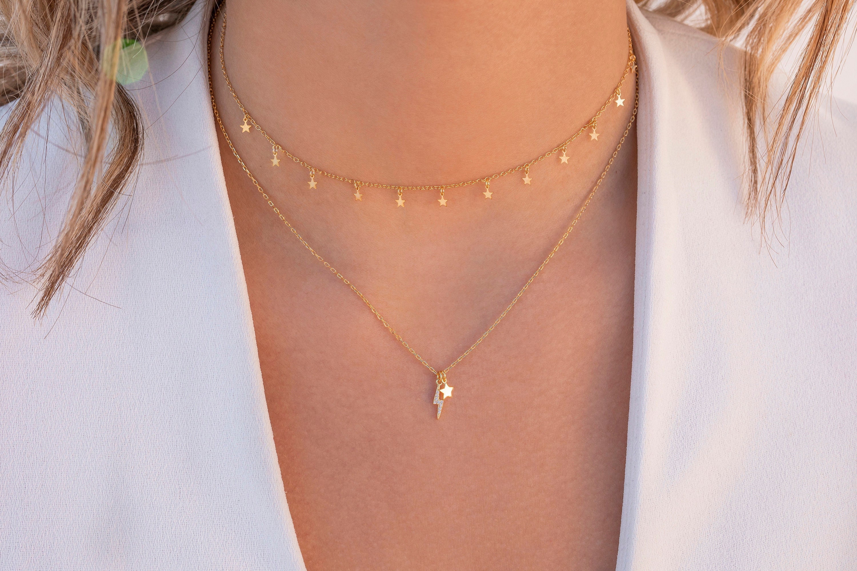 Tiny CZ Lightning Bolt & Star Pendant Necklace - Etsy
