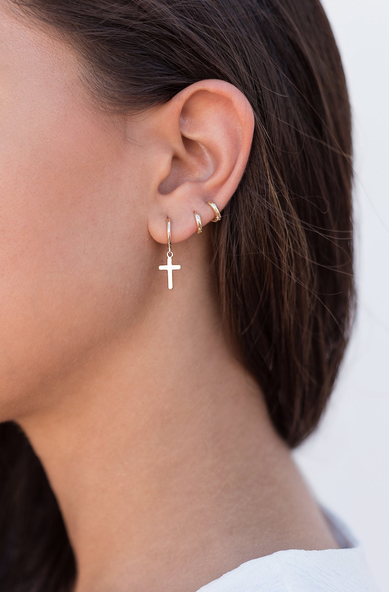 Dainty & Minimalist Cross Shaped Charm Huggie Hoop Earrings 