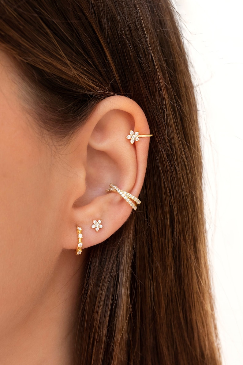Dainty & Minimalist Pave CZ Flower Shaped Helix Ear Cuff Earrings image 1