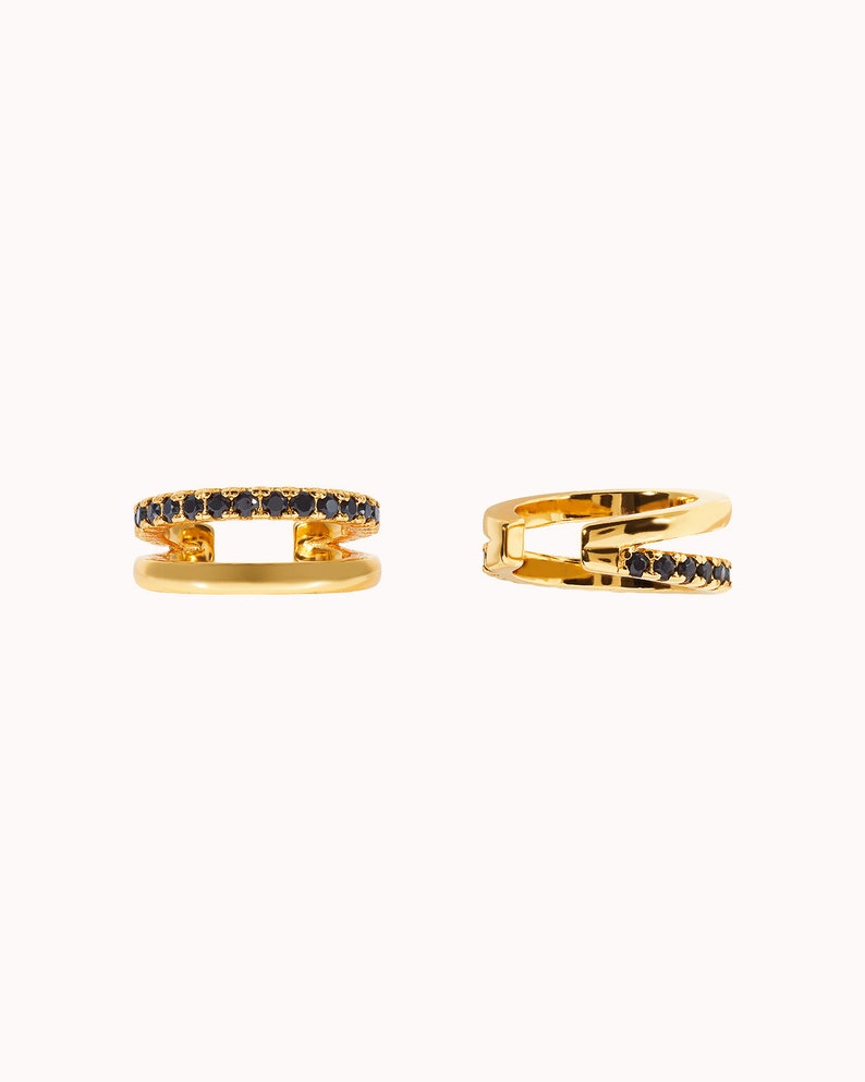 Dainty & Minimalist Pave CZ Double Band Conch Ear Cuff Earrings Gold - Black
