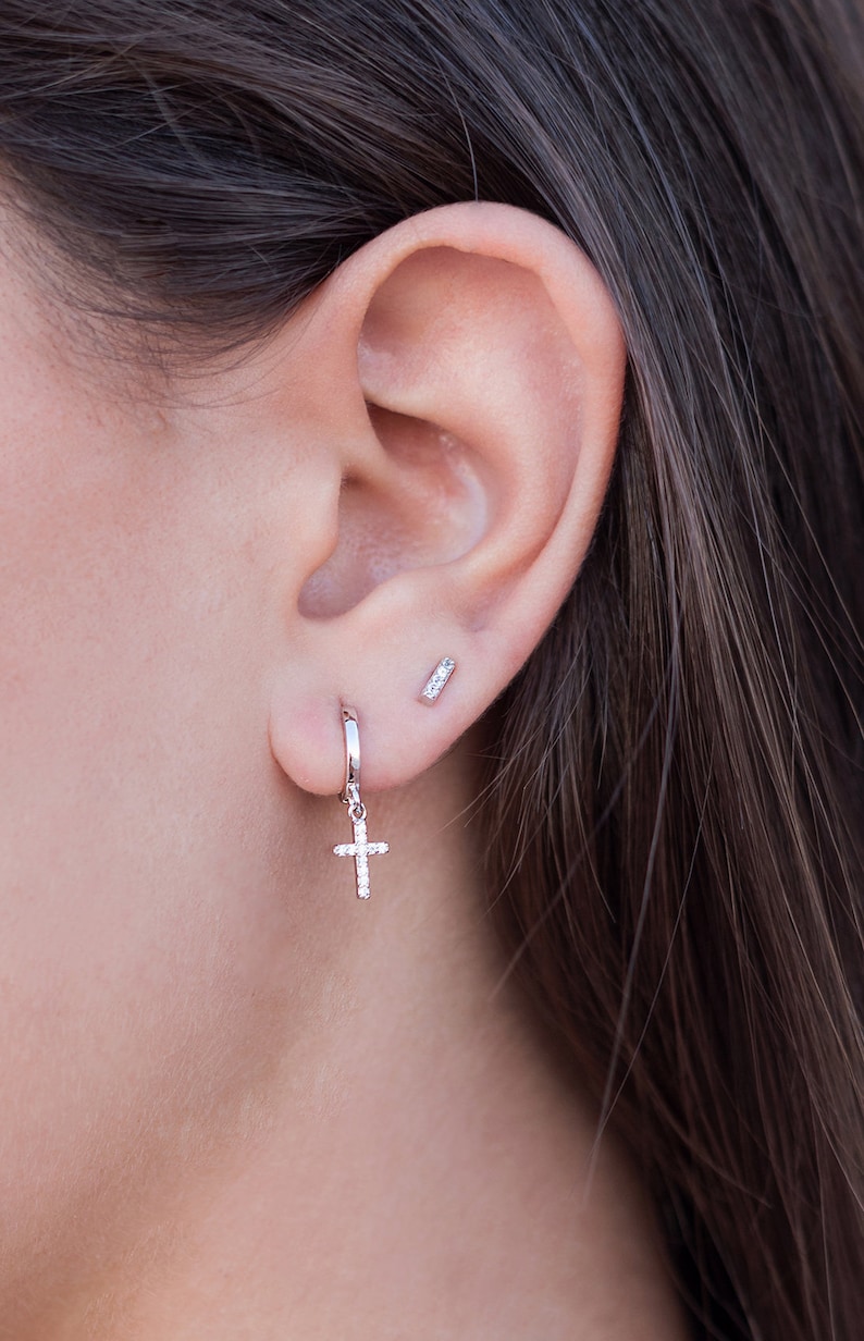 Dainty Cross-shaped Pave Cubic Zirconia Pendant Huggie Hoop Earrings