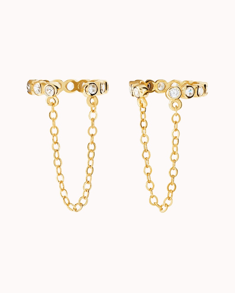 Dainty Bezel CZ Dangling Chain Conch Ear Cuff Earrings Fake Piercing image 2