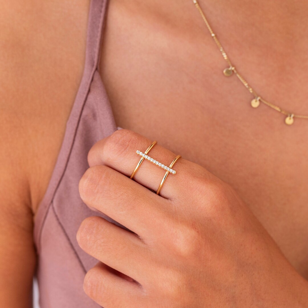 Dainty & Minimalist CZ Bar Double Ring - Etsy