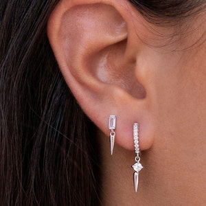 Dainty Baguette CZ Stud Earrings With Dangling Spike Charm Two Sizes Available 画像 3