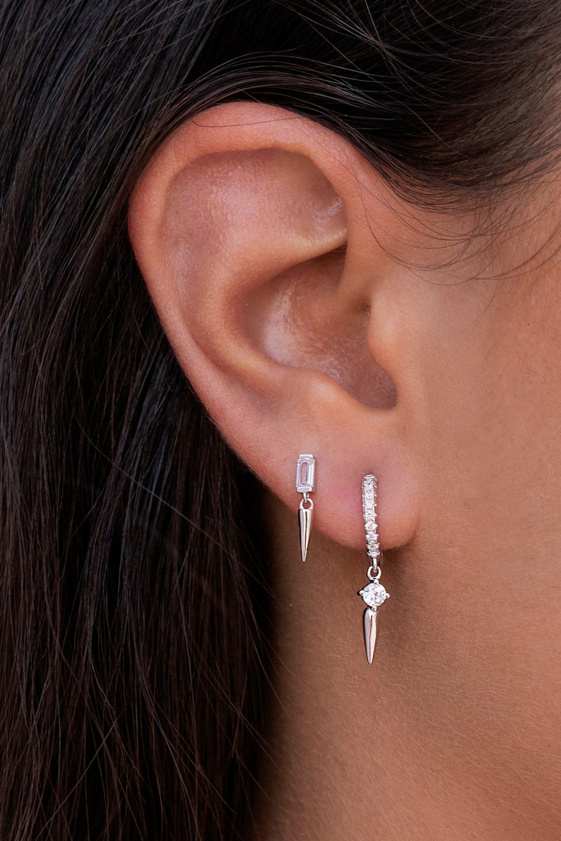 Dainty Baguette CZ Stud Earrings With Dangling Spike Charm Two Sizes Available 画像 3