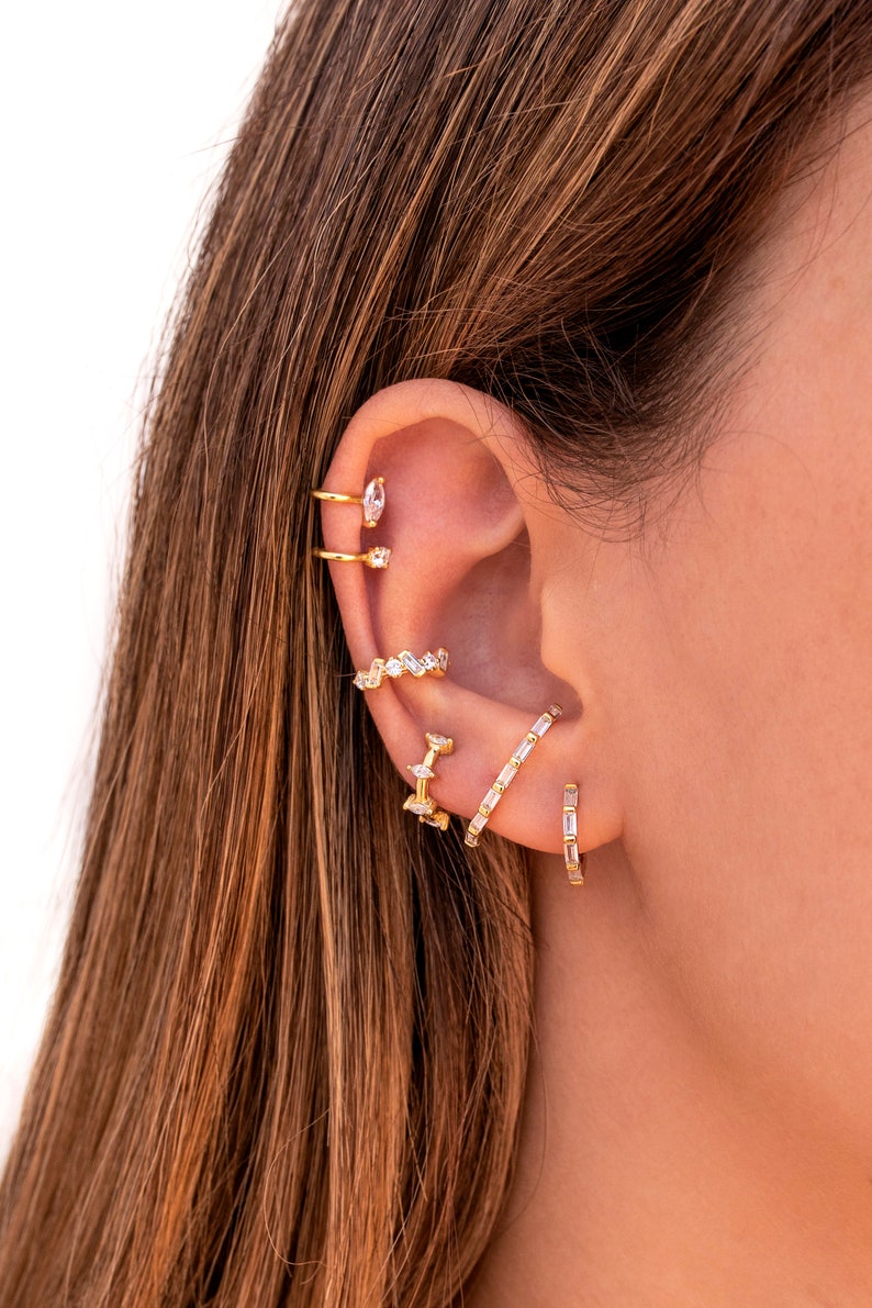 Minimalist Baguette Cz Ear Lobe Cuff Stud Earrings Etsy