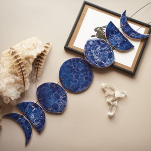 Handmade Ceramic Moon Phase Wall Hanging – Cosmic Blue Glaze Lunar Garland, Boho Home Decor, Celestial Wall Art Gift