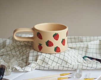 Strawberry Fields Handcrafted Ceramic Mug: Rustic Pottery with Hand-Painted Fruit Motif - Artisan Mug, Fruit-Themed Cup, Unique Pottery Gift