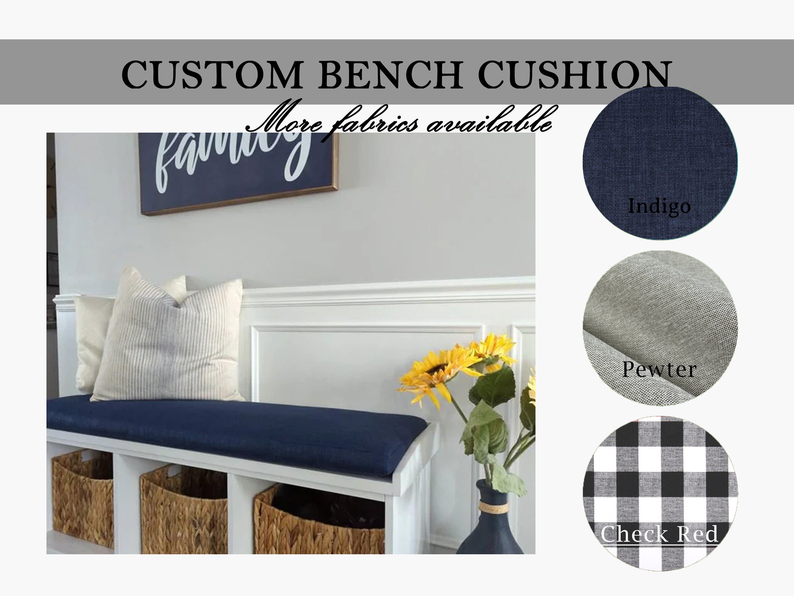 Custom Window Seat Cushion 2" Thick - Indoor Bench Cushion - Dining Banquette Cushion - Nook Cushion