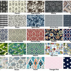 May include: A collection of fabric swatches with various patterns and colors. Designs include geometric shapes, floral prints, and abstract textures. Each swatch is labeled with a unique name, such as "Ink," "Macon," and "Hide Mocha."