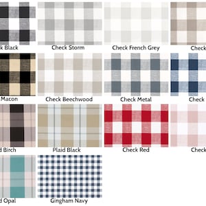 May include: A collection of fabric swatches featuring various plaid and check patterns. Colors include black, gray, beige, red, pink, and blue. Each swatch is labeled with its color name, such as "Check Black" and "Plaid Opal."
