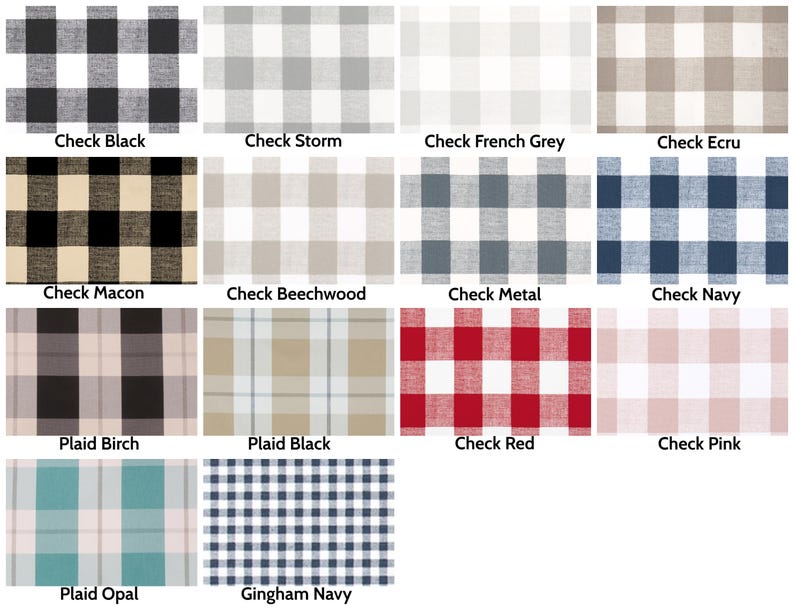 May include: A collection of fabric swatches featuring various plaid and check patterns. Colors include black, gray, beige, red, pink, and blue. Each swatch is labeled with its color name, such as "Check Black" and "Plaid Opal."