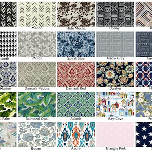 May include: A collection of fabric swatches with various patterns and colors. Designs include geometric shapes, floral prints, and abstract textures. Each swatch is labeled with a unique name, such as "Ink," "Macon," and "Hide Mocha."