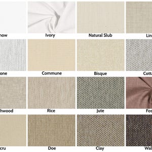 Pode incluir: Uma cole&ccedil;&atilde;o de amostras de tecido em v&aacute;rias cores e texturas. As cores incluem branco, marfim, bege e castanho, com nomes como Snow, Ivory e Walnut. Os tecidos variam de lisos a texturizados, adequados para estofados ou cortinas.