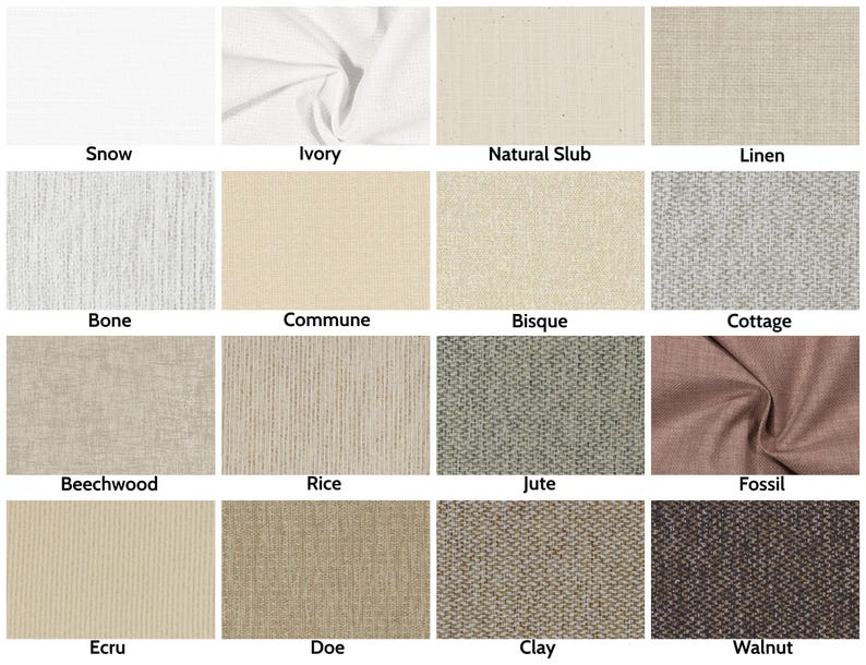 Pode incluir: Uma cole&ccedil;&atilde;o de amostras de tecido em v&aacute;rias cores e texturas. As cores incluem branco, marfim, bege e castanho, com nomes como Snow, Ivory e Walnut. Os tecidos variam de lisos a texturizados, adequados para estofados ou cortinas.