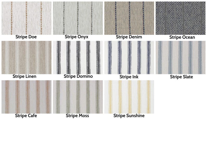 Pode incluir: Uma cole&ccedil;&atilde;o de amostras de tecido com padr&otilde;es de riscas verticais em v&aacute;rias cores. As amostras s&atilde;o rotuladas com nomes como "Stripe Doe", "Stripe Onyx" e "Stripe Denim". A paleta de cores inclui tons neutros, azuis e um toque de amarelo, oferecendo uma gama de op&ccedil;&otilde;es de design.