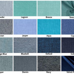 May include: A collection of fabric swatches in various shades of blue and green. Colors include Powder, Lagoon, Breeze, Seaspray, Ocean, Jasper, Aqua, Capri, Vintage Blue, Bluebell, Oxford, Indigo, Denim, Navy, and Velvet Midnight.
