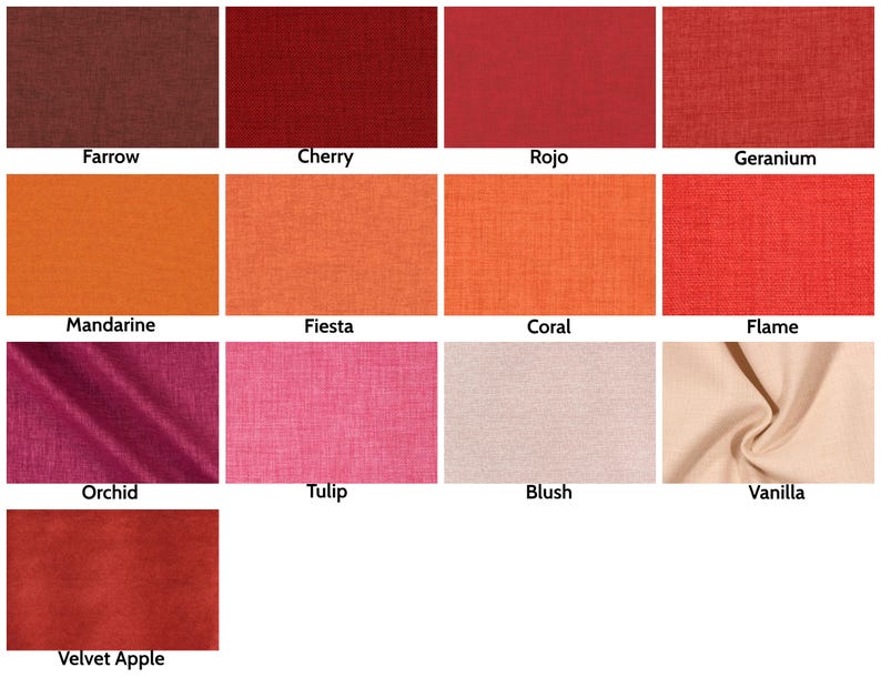 Pode incluir: Uma paleta de cores com amostras de tecido em v&aacute;rios tons. As cores incluem Farrow, Cherry, Rojo, Geranium, Mandarine, Fiesta, Coral, Flame, Orchid, Tulip, Blush, Vanilla e Velvet Apple. Cada amostra exibe uma textura diferente.