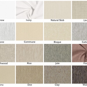 May include: A collection of fabric swatches in various colors and textures. Colors include white, ivory, beige, and brown. Each swatch is labeled with its name, such as "Snow," "Linen," and "Walnut." The fabrics vary from smooth to textured.