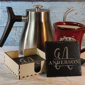 Monogrammed Slate Coasters with Box Laser Engraved Personalization