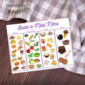 Op de afbeelding: Een wit Build-a-Meal Menu, 20,8 x 27,9 cm, met geïllustreerde voedselcategorieën: Hoofdgerecht, Groente, Bijgerecht en Dessert. Het menu bevat kleurrijke tekeningen van verschillende voedingsmiddelen zoals pasta, pizza en ijs. De tekst "Build-a-Meal Menu" is in een decoratief lettertype.