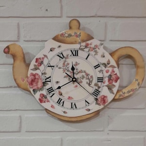 Teapot wall clock, Tea pot clock flowers & bee, Kitchen living room wall clock, Shabby chic roses  decor, New home gift, Tea room decor