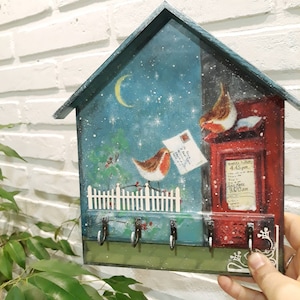 Hause key holder birds on a branch, Enryway organizer, Christmas key board, Christmas wall decor, New home gift, Key and mail holder wall