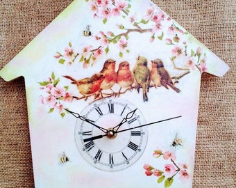 Birds cute wall clock, Birds on a branch spring cottage core decor, Nature small clock, New home gift, Antique wall clock, Nursery clock