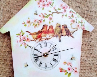 Birds cute wall clock, Birds on a branch spring cottage core decor, Forestcore small clock, New home gift, Antique wall clock, Nursery clock