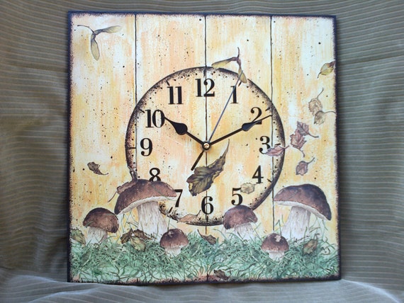 Wall Clock Autumn Mushrooms Orange Brown - Brown Clock Wall Decor Wall Clock Autumn Mushrooms Orange Brown - Brown Clock Wall Decor