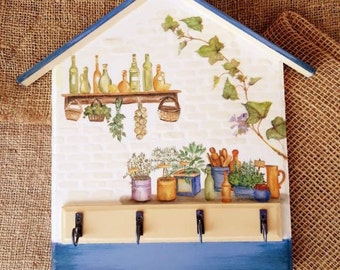 Llavero con pintura de hierbas, llavero de casa, organizador de llaves, colgador de llaves, regalo para casa nueva, jardín de la abuela, decoración de granja, decoración cottagecore