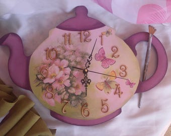 Teapot pink green wall clock, Tea pot clock flowers & butterflies, Spring flowers butterflies decor, New home gift, Tea party decor