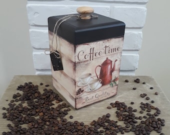 Vintage style wood canister with lid, Coffee lover sign, Coffee bean kitchen storage, Farmhouse canister, Cottagecore New home gift
