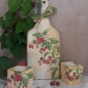 Kitchen small cutting board, Tea light holder set painted raspberries, New home gift, Raspberries, Cottagecore kitchen decor
