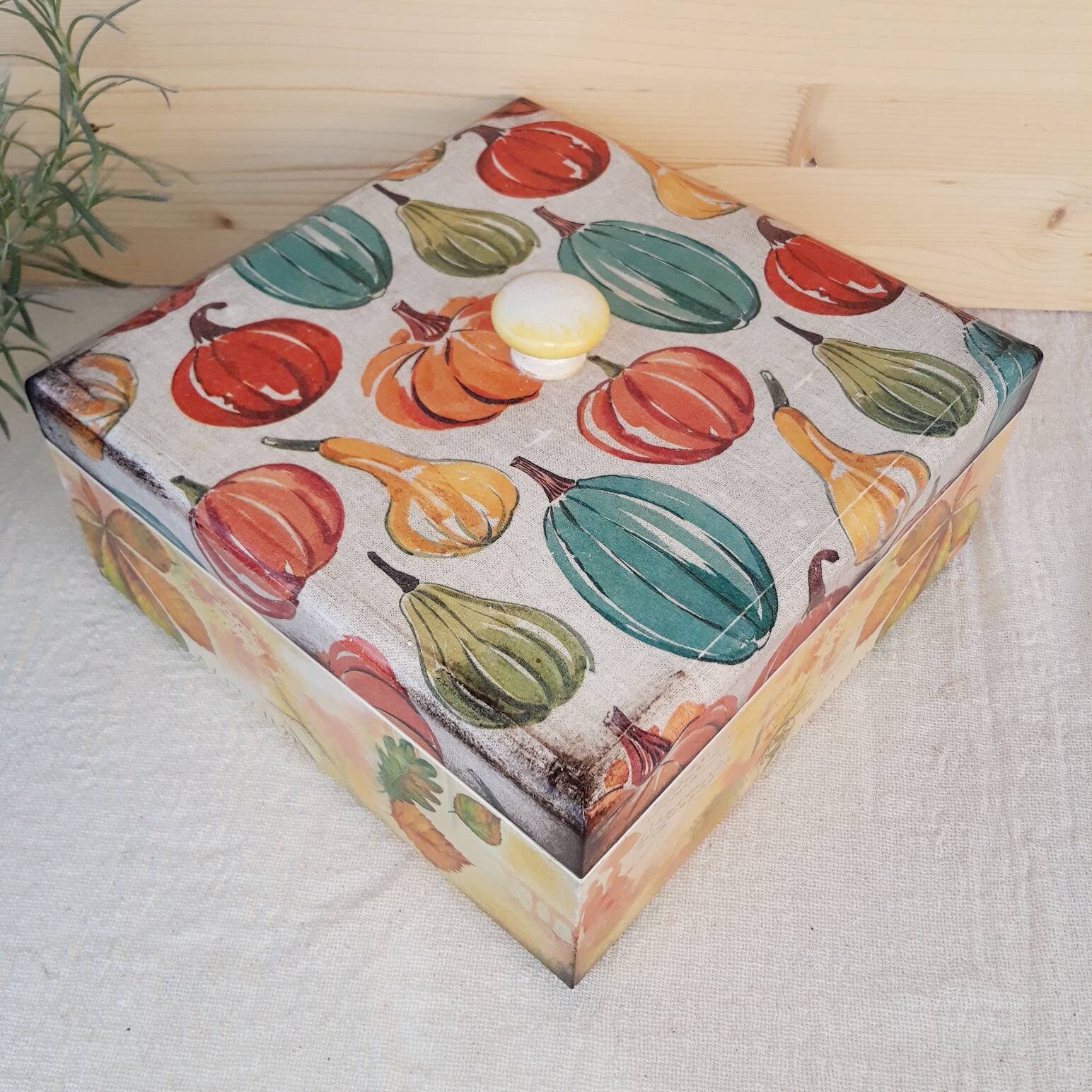 Kitchen wood cookies box, Thanksgiving gift, Bread box, New home gift, Autumn lover pumpkins cheerfull gift, Biscuits box, Cupcake container