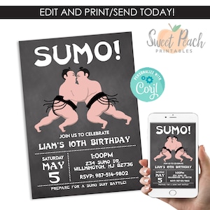 May include: A black and white printable invitation for a sumo wrestling themed birthday party. The invitation features two sumo wrestlers in a match. The text on the invitation reads "SUMO! Join us to celebrate Liam's 10th Birthday. Saturday, May 5, 1:00PM, 234 Sumo Dr., Wilmington, NJ 82736, RSVP: 987-514-9802, Prepare for a Sumo Suit Battle!"