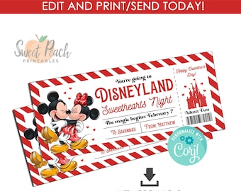 Valentine Disneyland Ticket Gift Reveal Template Surprise Going To EDITABLE Sweethearts Night Digital 7x3 INSTANT DOWNLOAD Red Mickey Minnie