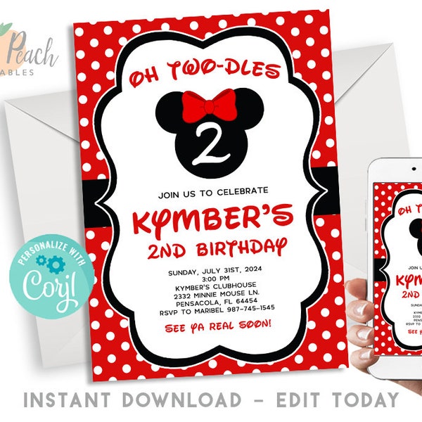 Editable Red Minnie Mouse Girl's 2nd Birthday Invite Red Polka Dot Invitation 5x7 Digital Oh Two-dles! Toodles Minnie Mouse Ears #136.1