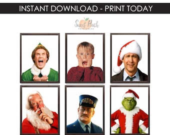 May include: Six framed prints featuring characters from Christmas movies. The prints include images of Buddy the Elf, Kevin McCallister, Clark Griswold, Santa Claus, the Conductor from The Polar Express, and the Grinch. The text "INSTANT DOWNLOAD - PRINT TODAY" is at the top.