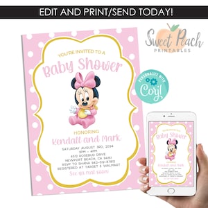 Editable Minnie Mouse Baby Shower Pink Invitation Invite Template 5x7 Digital Instant Download