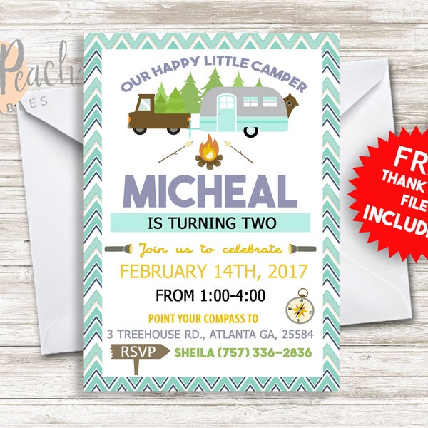 Camper Invite Invitation Birthday Kids ANY AGE 5x7 RV Digital Personalized Camp Camping Trailer Nature #89.0