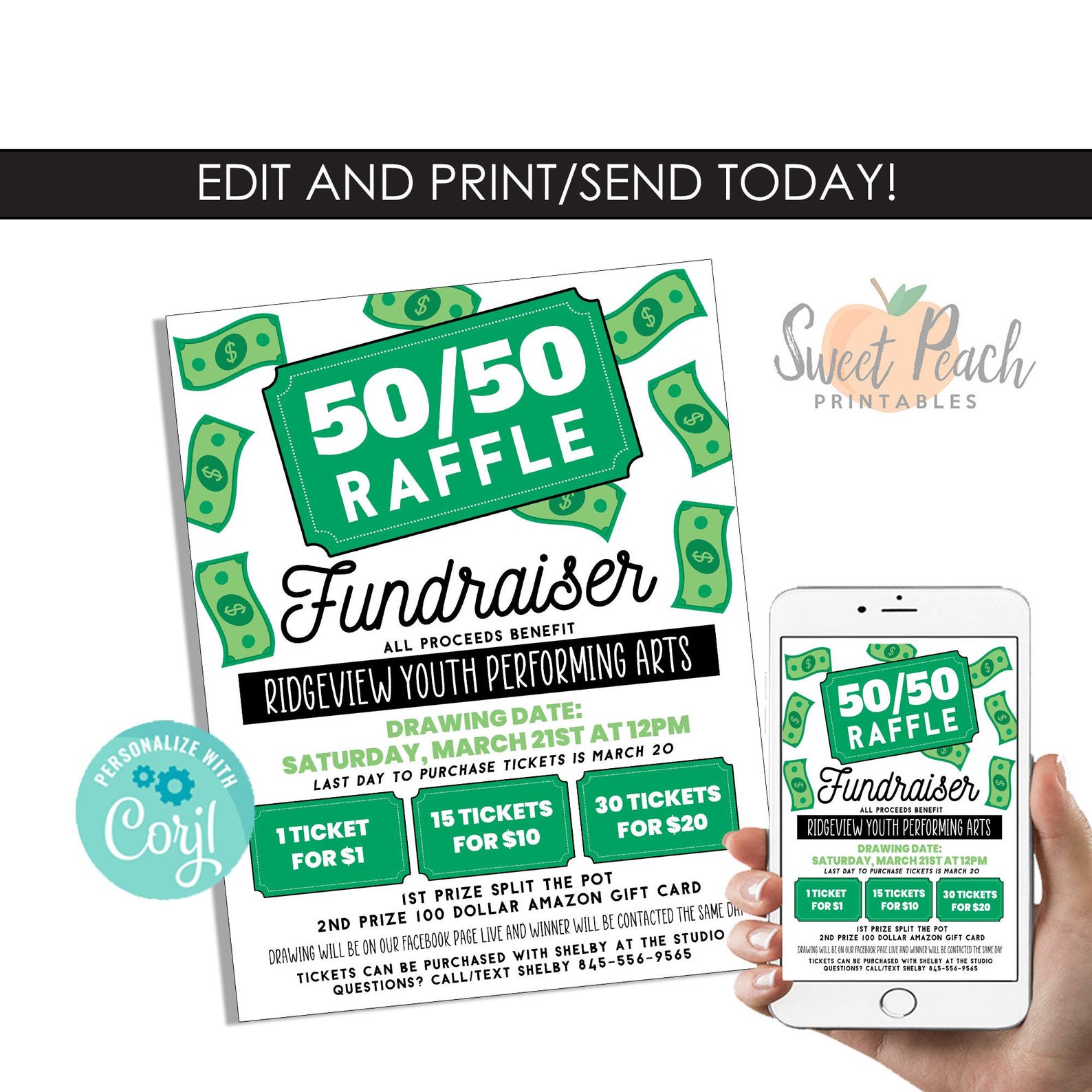 50 Point Raffle Editable 50/50 Raffle Fundraiser Template Flyer Digital 8.5x11 Instant ...