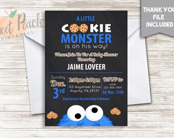 Cookie Monster Baby Shower Invite 5x7 Digital Personalized Baby Sprinkle Invitation Cookies Blue Black White #51.0