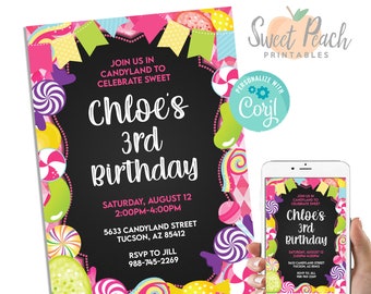 Editable Candyland Birthday Invite 5x7 Digital Invitation Candy Birthday, Lolly Pop, Gumball, Sugar #38.0