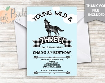 Third Birthday Invite Invitation 5x7 Digital Personalized Young, Wild & Three Wolf Howling Plaid #328.0