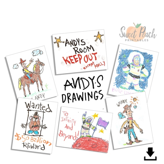 Pixar Toy Story Posters Drawings, Andy's Drawings Printable Digital JPG INSTANT DOWNLOAD Signs Party Decor