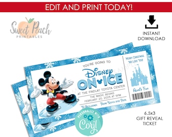 Disneyland On Ice Ticket Reveal Gift Surprise Christmas Present Going to  Mickey EDITABLE Digital Instant Download 6.5x3 Template