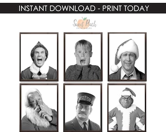 May include: Black and white prints of six iconic Christmas movie characters in dark brown frames. The prints include the text "INSTANT DOWNLOAD - PRINT TODAY" and "Sweet Peach Printables". Available in 8x10, 11x14, and 16x20 inch sizes.