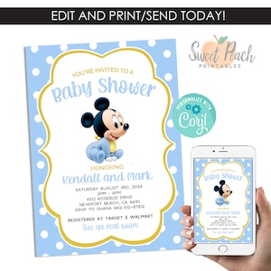 Editable Mickey Mouse Baby Shower Invite Boy Invitation 5x7 Digital Template Blue Mickey Mouse Baby Sprinkle #240.0
