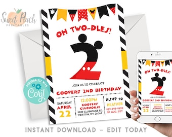 Mickey Mouse 2nd Birthday Invite Invitation Editable 5x7 Digital Mouse Second Twodles Mickey Ears Instant Download Template #130.0